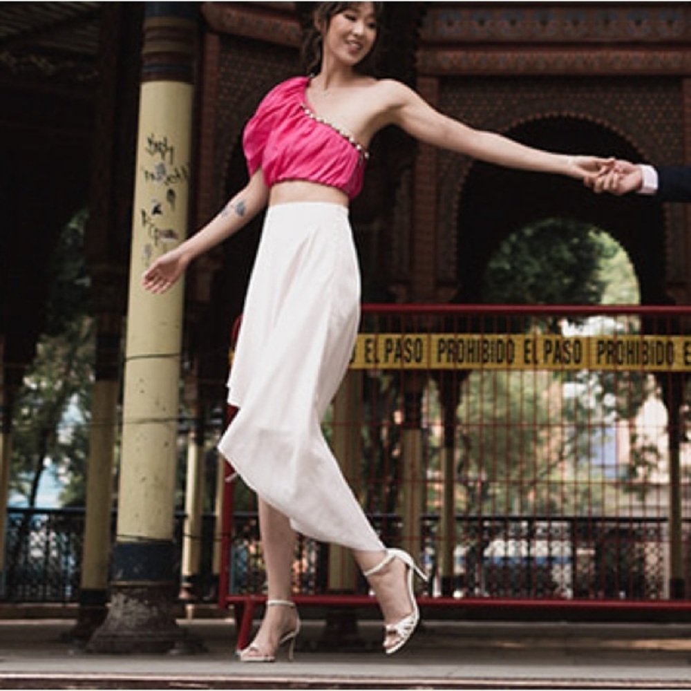 Alexis white polka dot satin asymmetrical skirt